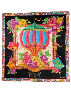 Leonard Vintage Silk Scarf – Floral Hot Air Balloon Motif